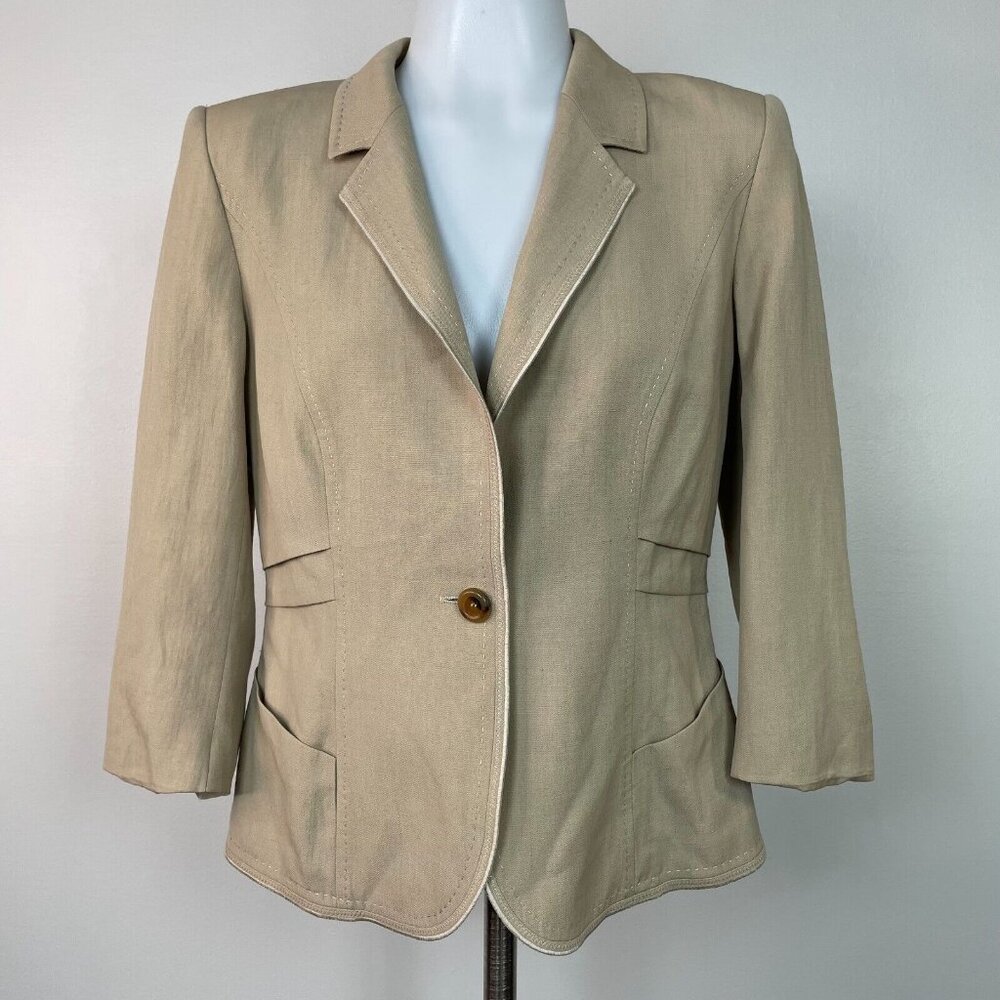 Escada Blazer 40 Tan Wool Linen Blend One-Button 3/4 Sleeve Jacket Women's